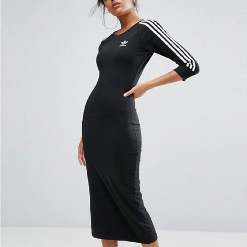 Adidas Black and White Striped Midi Dress